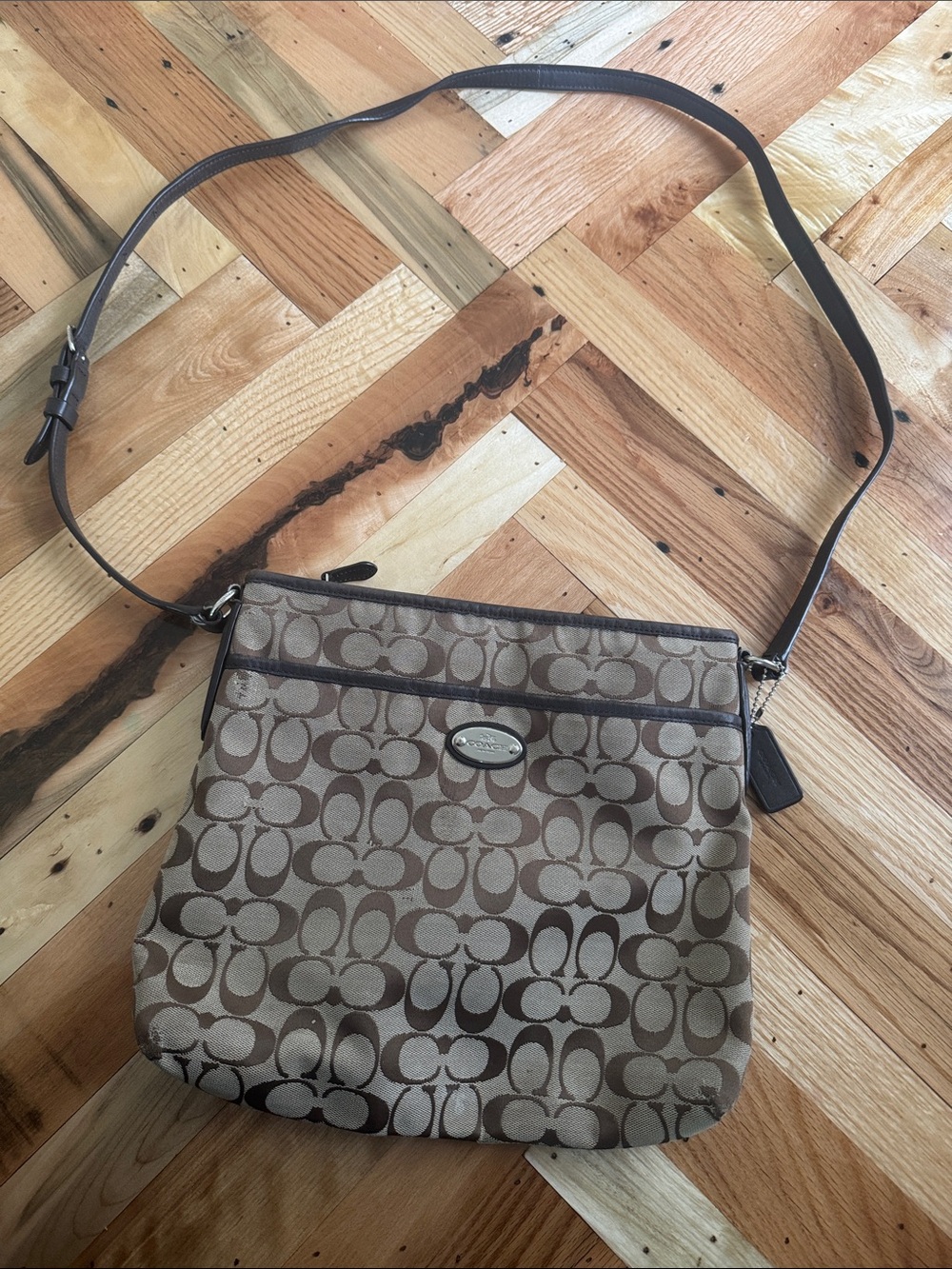 Coach Brown Signature Canvas Crossbody Bag with Dark Brown Trim - Picture 1 of 12